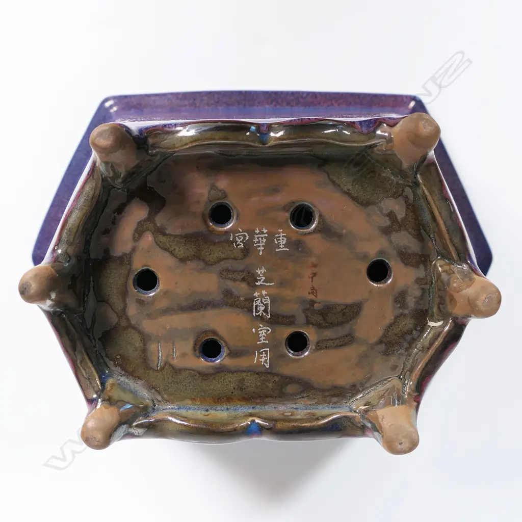 A Chinese hexagonal lavender glaze bonsai planter and base Image 1++