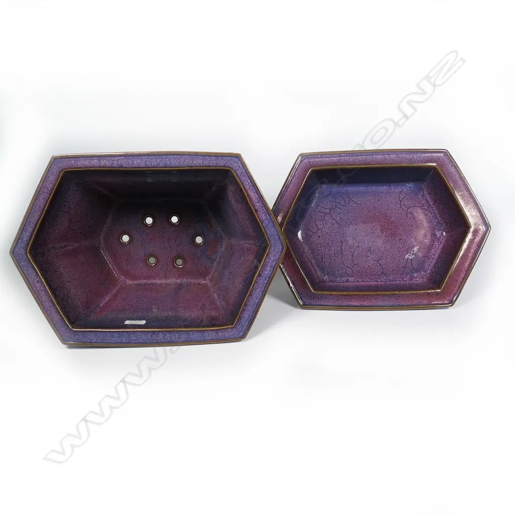 A Chinese hexagonal lavender glaze bonsai planter and base Image 1++