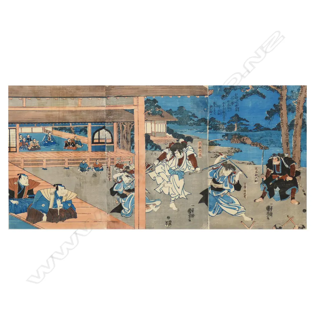 19thC Utagawa triptych woodblock print, Image 1++