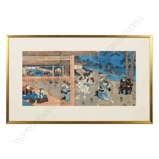 19thC Utagawa triptych woodblock print,