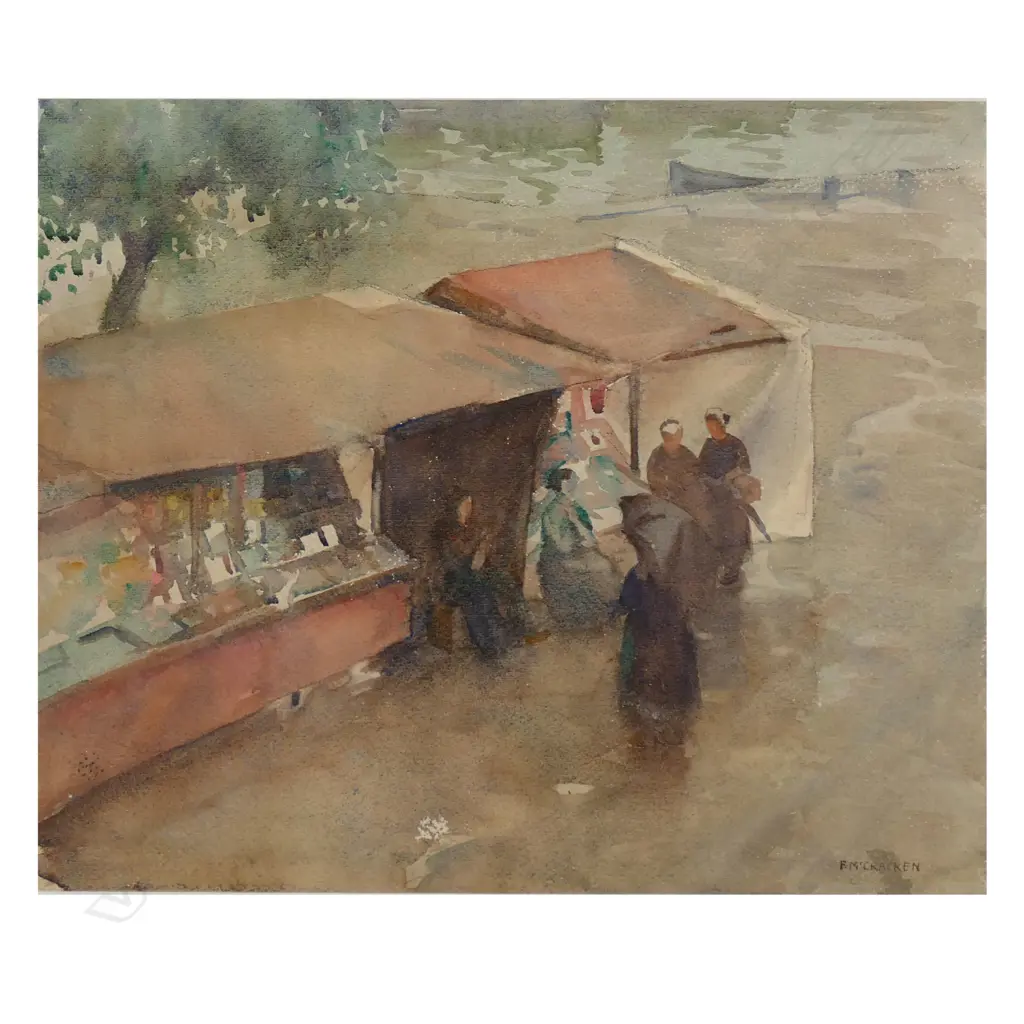 Francis McCracken (1879-1959) Stalls on the Banks of the Seine', watercolour, signed. Provenance: Ex collection of John Weeks, friend of the artist. Found in his studio after his passing. 425 x 510mm. Image 1++