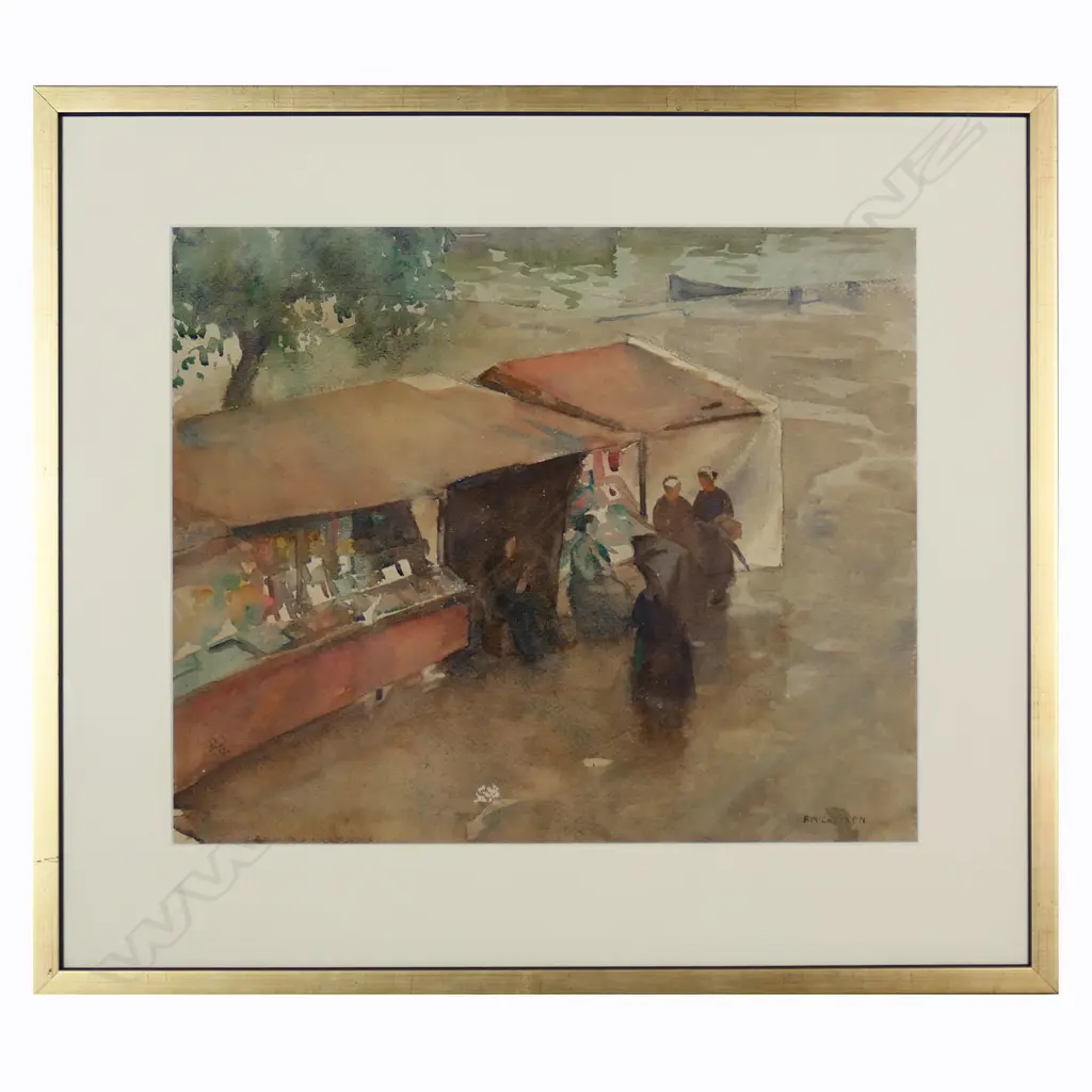 Francis McCracken (1879-1959) Stalls on the Banks of the Seine', watercolour, signed. Provenance: Ex collection of John Weeks, friend of the artist. Found in his studio after his passing. 425 x 510mm. Image 1++