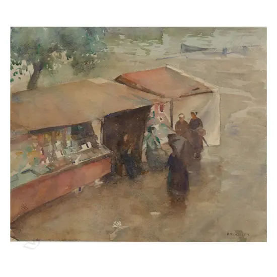 Francis McCracken (1879-1959) Stalls on the Banks of the Seine', watercolour, signed. Provenance: Ex collection of John Weeks, friend of the artist. Found in his studio after his passing. 425 x 510mm.