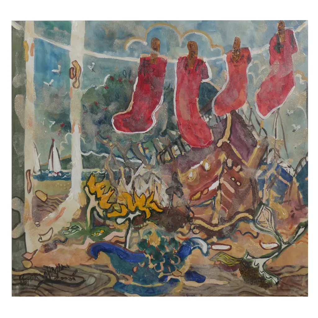 Peter O'Hagan (1942-2002) 'Red Socks in the Window Devonport, Auckland', watercolour and gouache on paper, signed and dated 2003. Labelled and entitled verso. 460 x 500mm. Image 1++