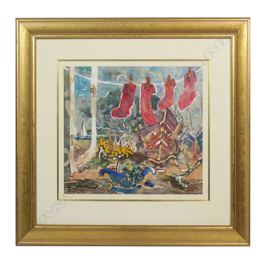 Peter O'Hagan (1942-2002) 'Red Socks in the Window Devonport, Auckland', watercolour and gouache on paper, signed and dated 2003. Labelled and entitled verso. 460 x 500mm. Image 1++