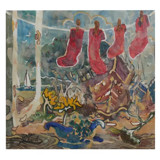 Peter O'Hagan (1942-2002) 'Red Socks in the Window Devonport, Auckland', watercolour and gouache on paper, signed and dated 2003. Labelled and entitled verso. 460 x 500mm.