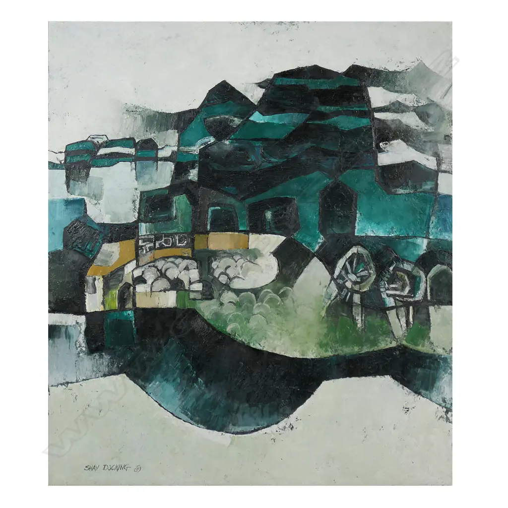 Shay Docking (Aus/NZ 1928-1998) 'Volcanic Mountains with Pa Terraces and Harbour', Image 1++