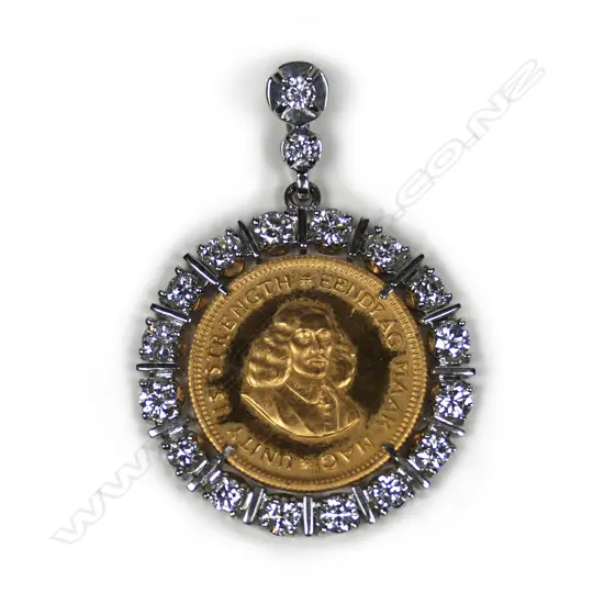 A gold coin and diamond 18ct white gold pendant