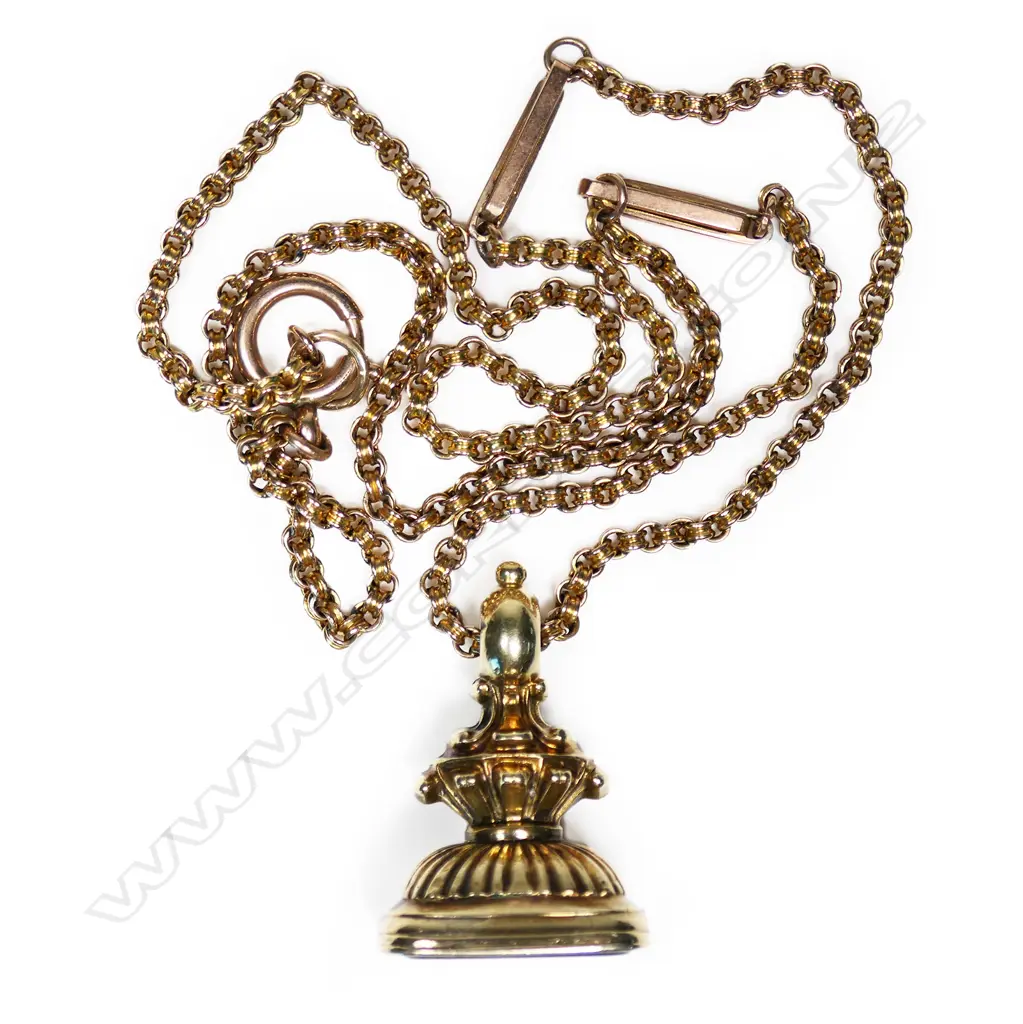 A Victorian 15ct gold seal on 9ct yellow gold chain, Image 1++