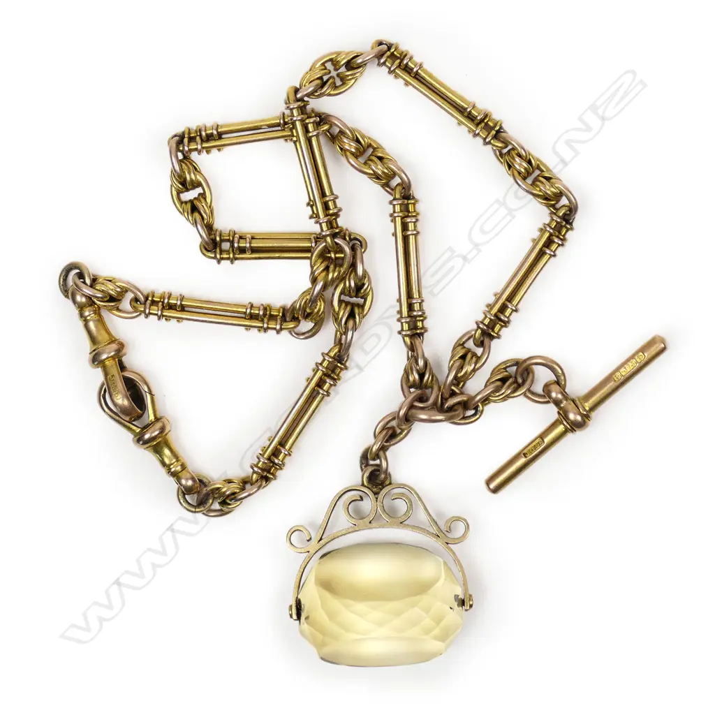 A good c.1900 9ct yellow gold fancy Albert chain with spinner fob, Image 1++