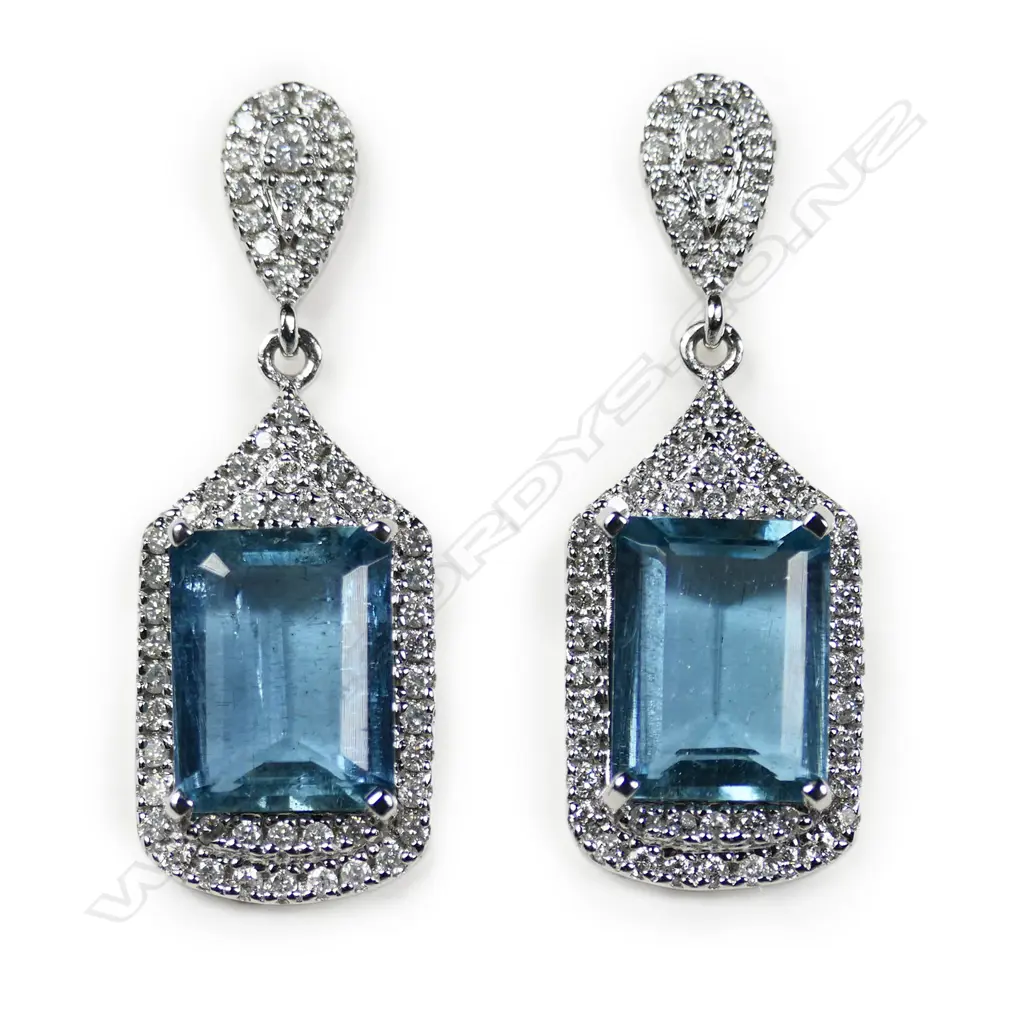 A pair of 14ct white gold aquamarine and diamond drop earrings, Image 1++
