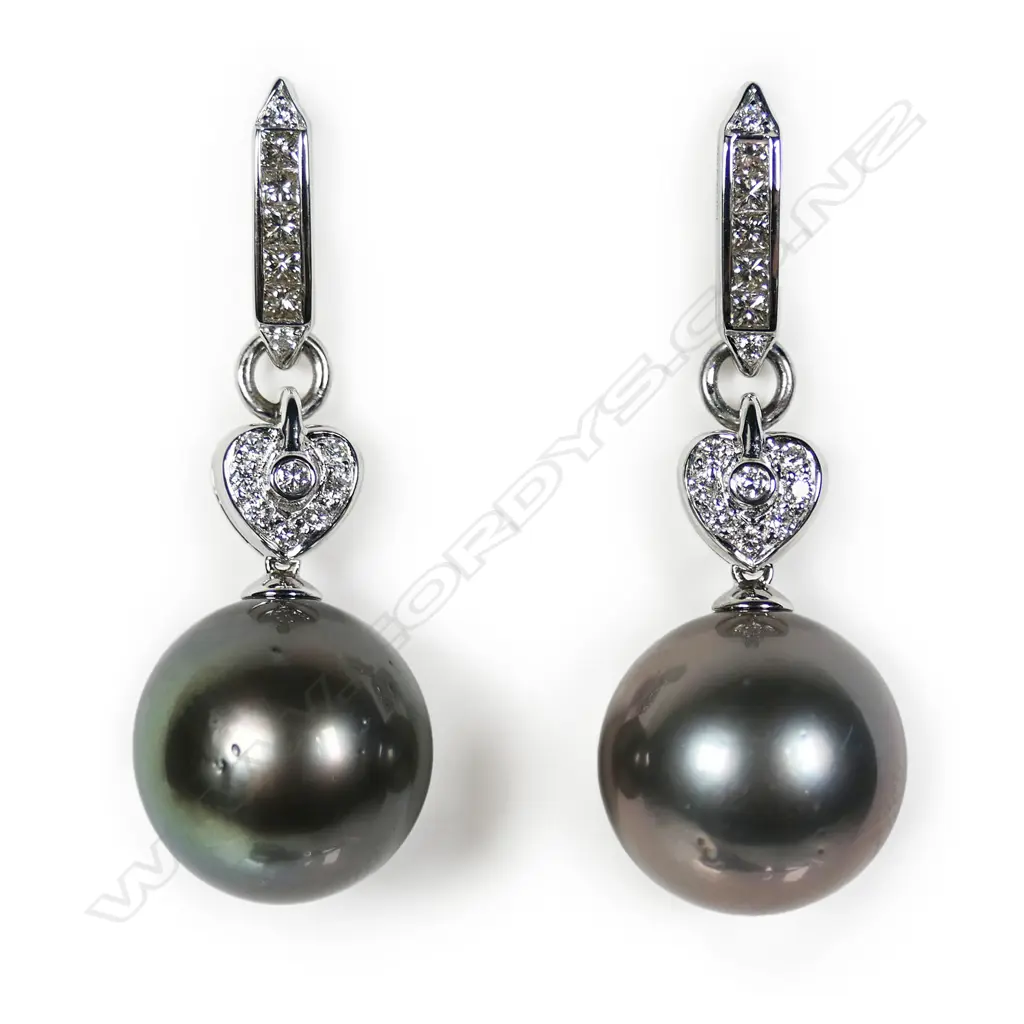 A pair of 18ct white gold black pearl and diamond Art Deco style earrings, Image 1++