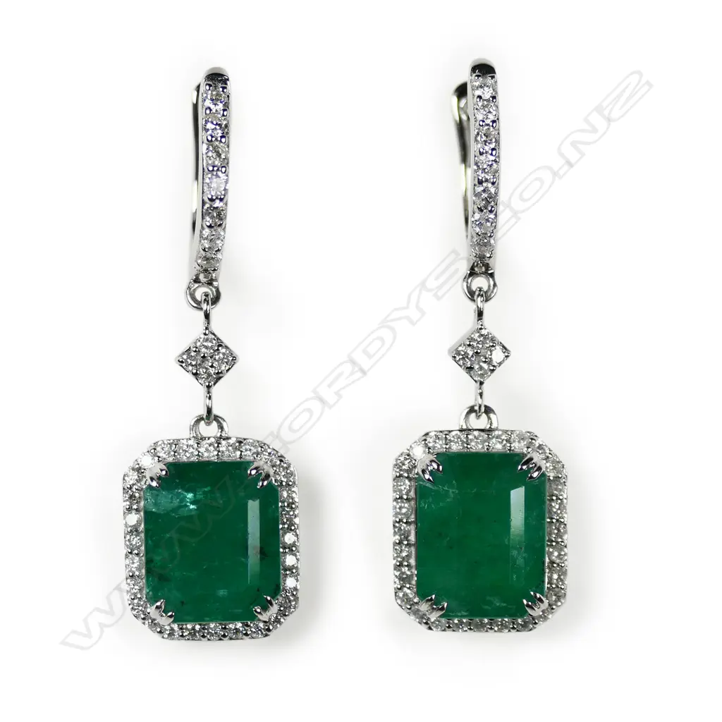 A 14ct white gold emerald and diamond halo drop earrings, Image 1++