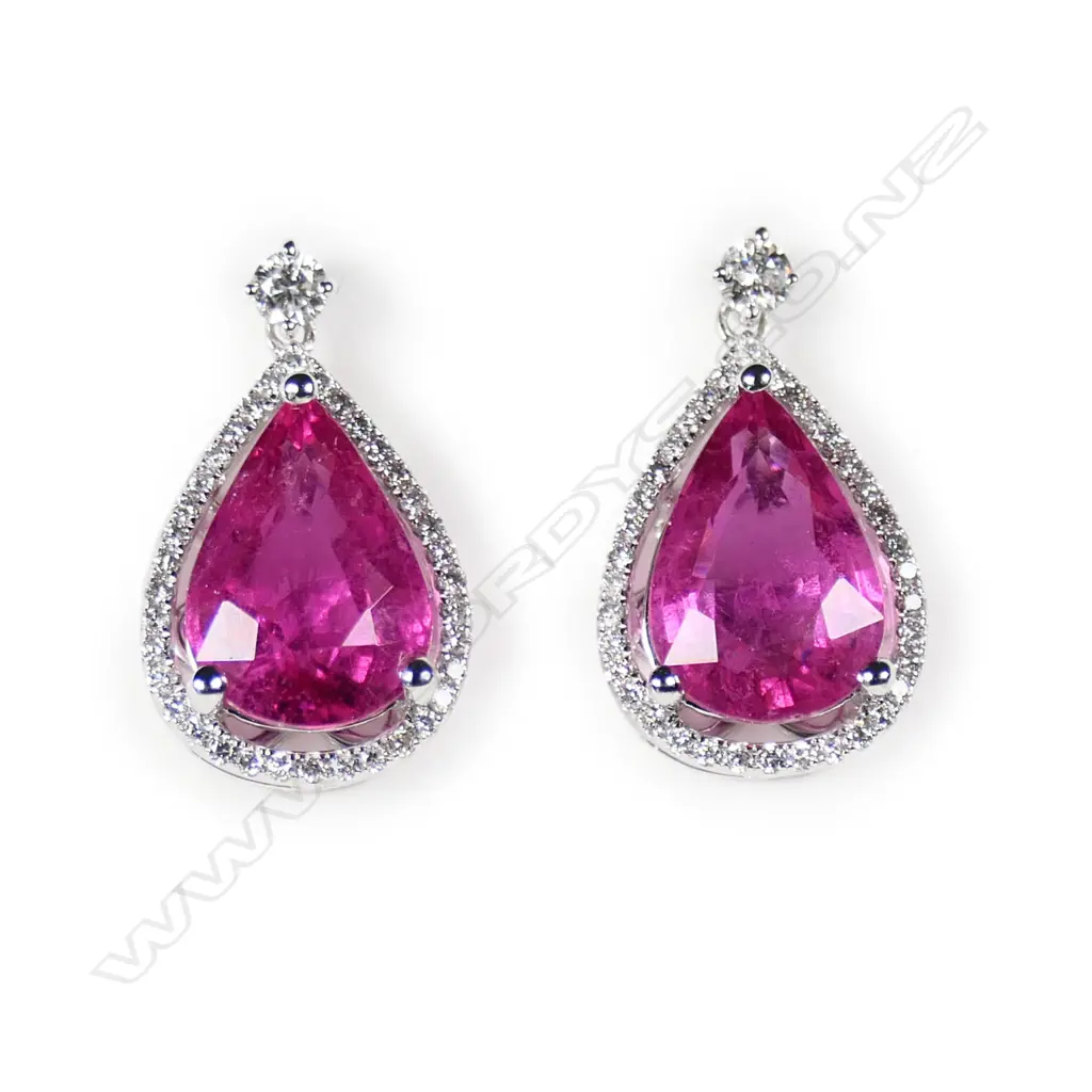 A pair of 18ct white gold diamond and pink tourmaline earrings, Image 1++