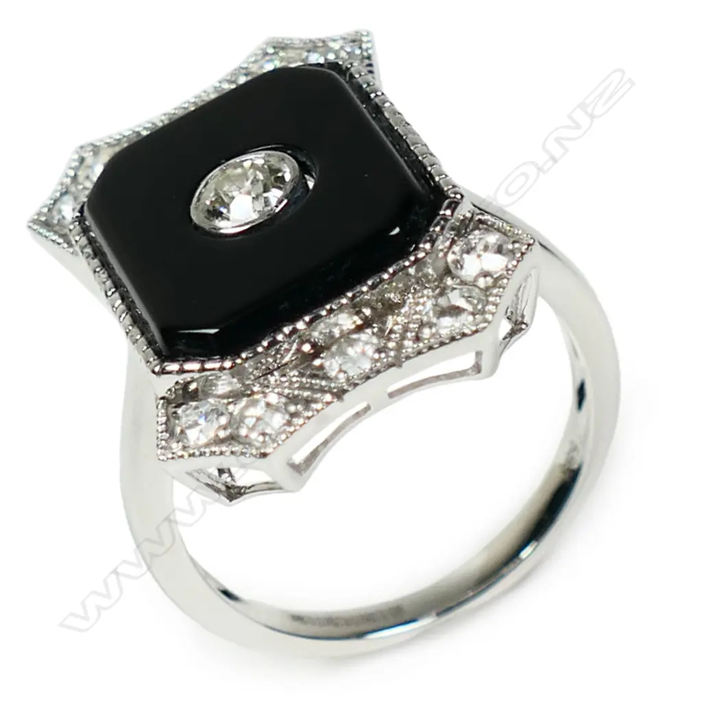 A 14ct white gold onyx and diamond Art Deco style ring, Image 1++