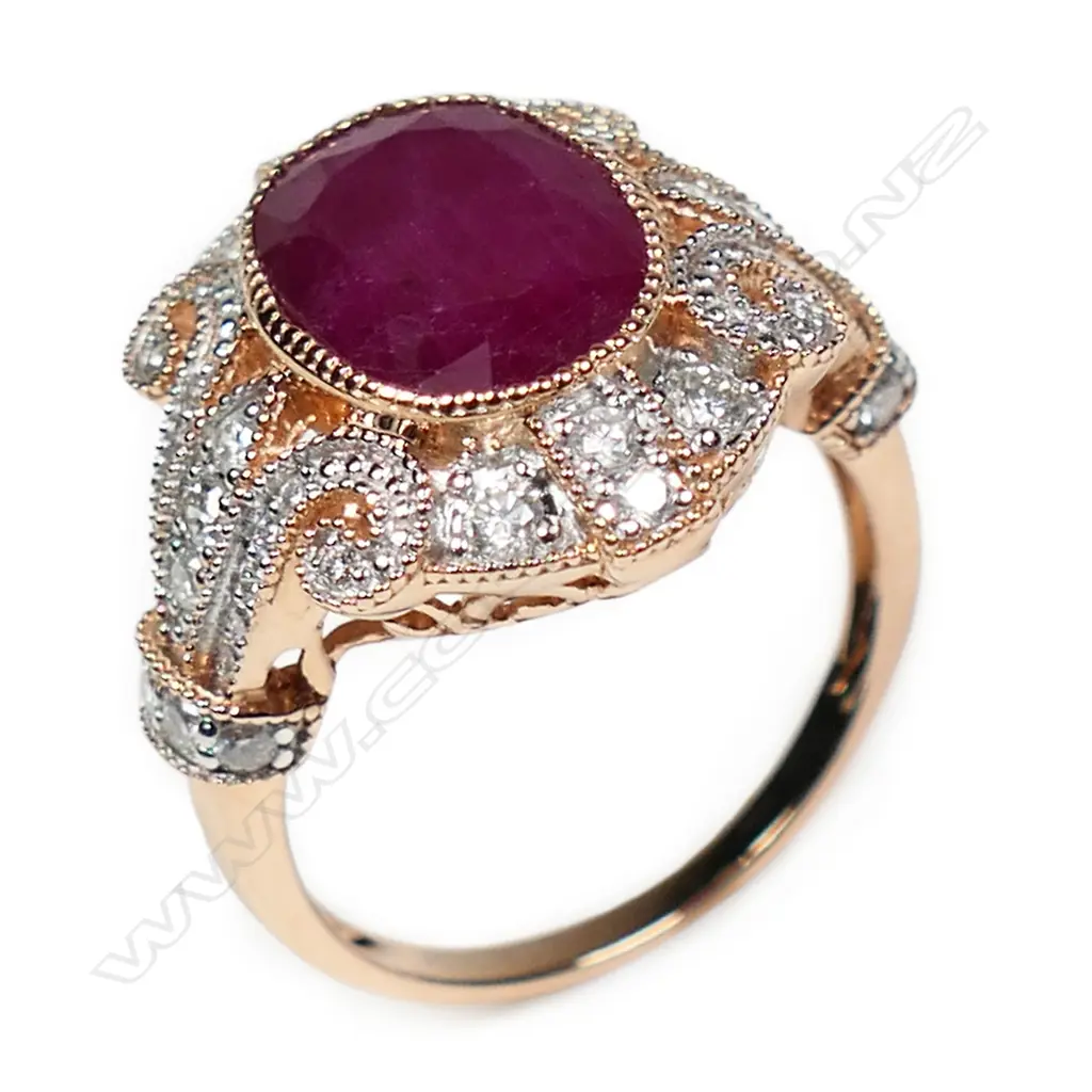 A 14ct rose gold ruby and diamond vintage style ring, Image 1++