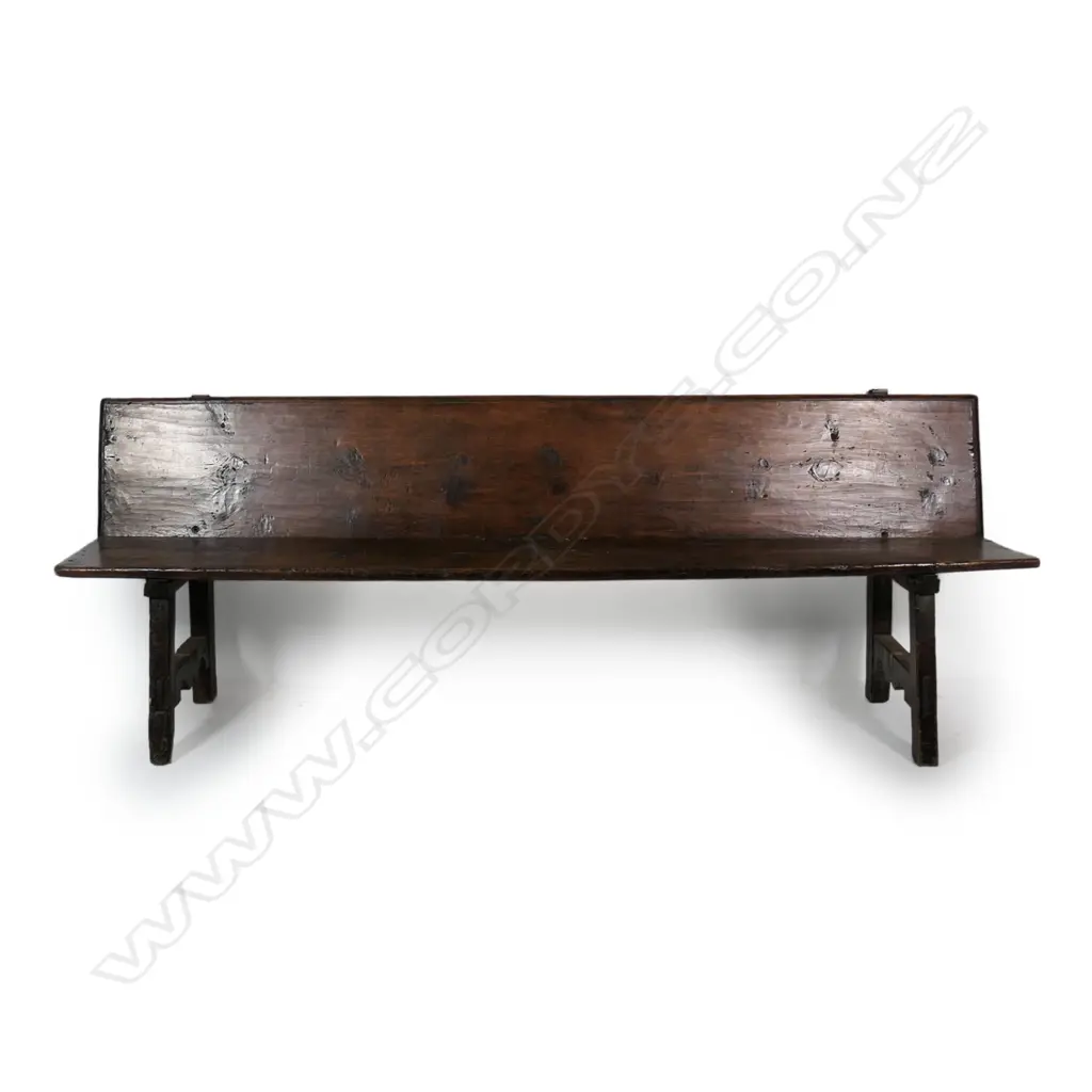 A Victorian country dark stained pine long bench seat, Image 1++