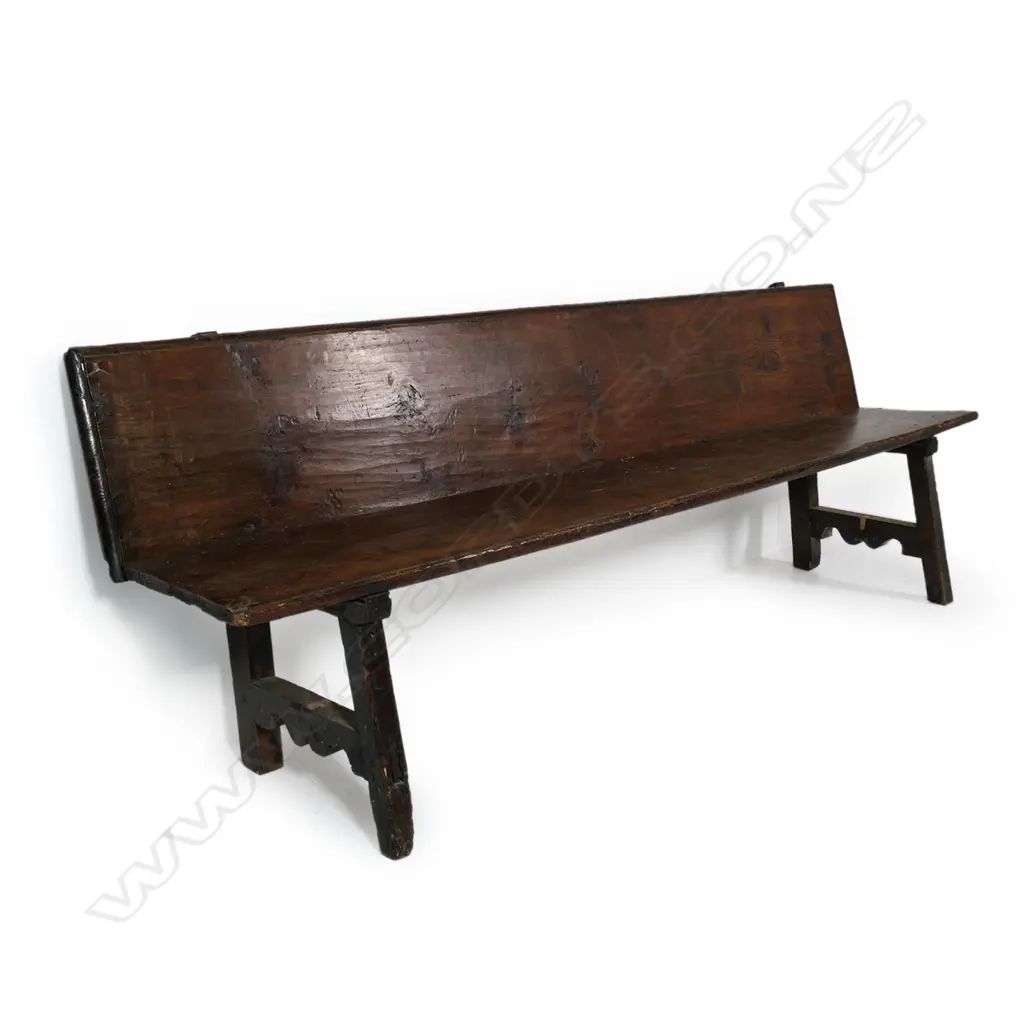 A Victorian country dark stained pine long bench seat, Image 1++