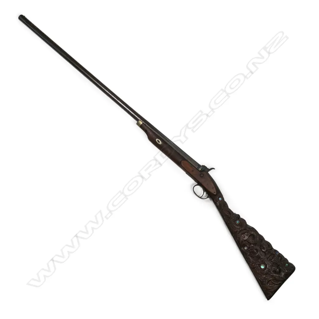 19thC muzzle loading Māori carved percussion shotgun, Image 1++
