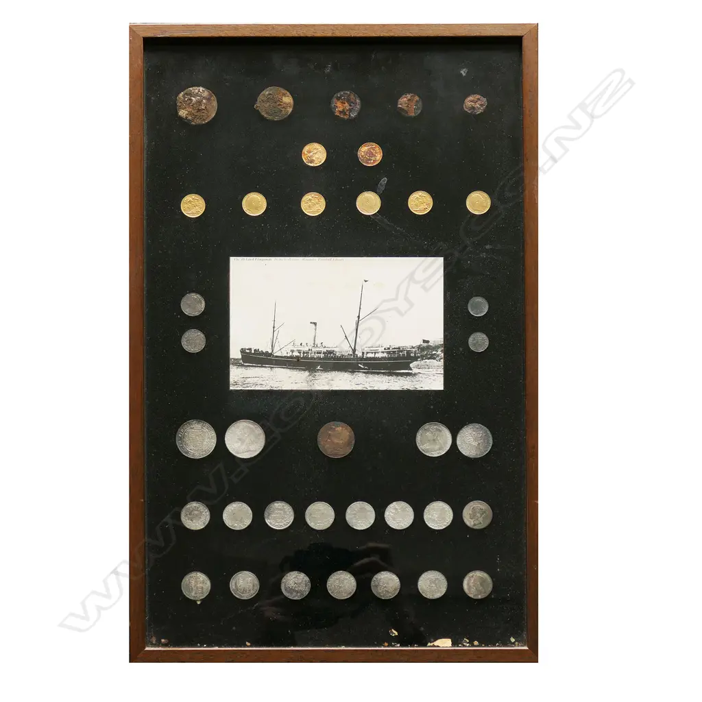 An impressive framed display of eight gold and other silver coins from the historical New Zealand 'Elingamite' shipwreck Image 1++