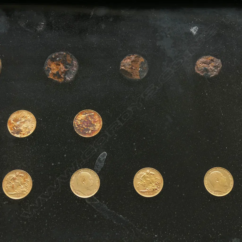An impressive framed display of eight gold and other silver coins from the historical New Zealand 'Elingamite' shipwreck Image 1++