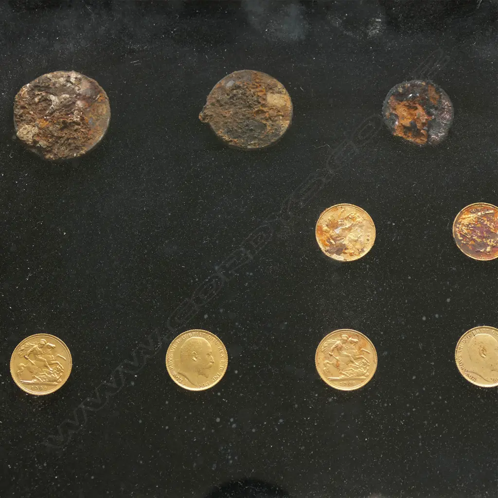 An impressive framed display of eight gold and other silver coins from the historical New Zealand 'Elingamite' shipwreck Image 1++