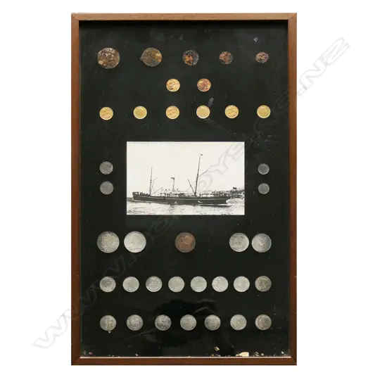 An impressive framed display of eight gold and other silver coins from the historical New Zealand 'Elingamite' shipwreck