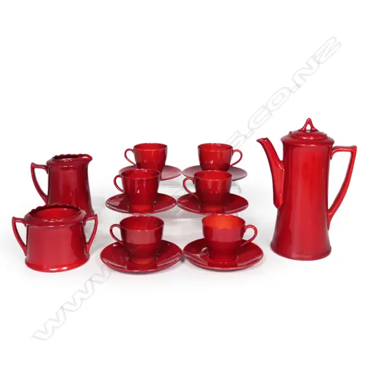 RED DOULTON FLAMBE COFFEE SERVICE,  6 C/S, JUG, SUGAR, POT H. 200mm