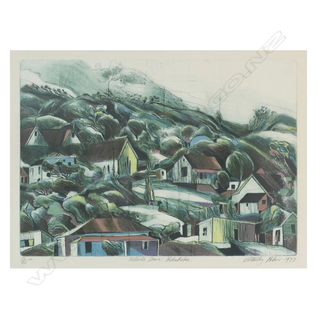 Stanley Palmer (NZ 1936-) 'Hillside Town - Kohukohu', Image 1++