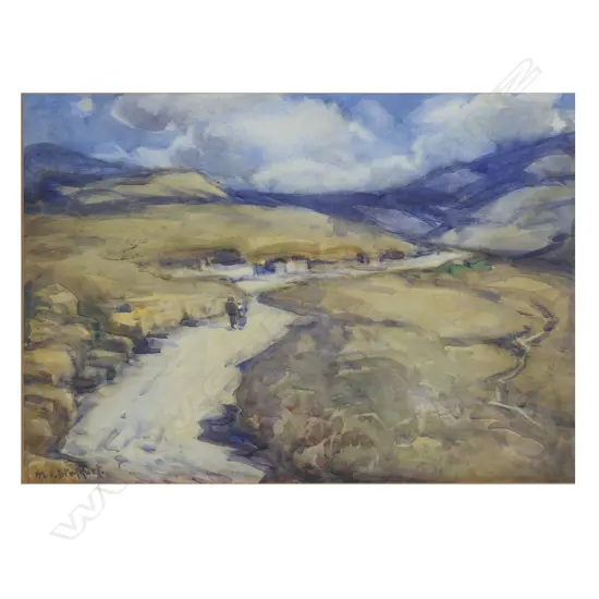 Margaret Olrog Stoddart (1865-1934) 'Two Figures in Hilly Landscape' - watercolour on paper, signed. 240 x 350mm.