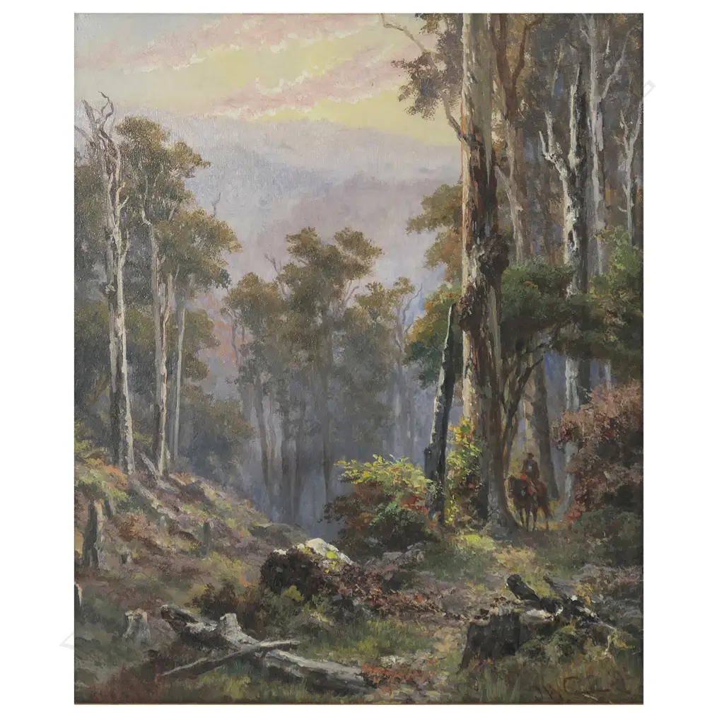 James Waltham Curtis (Australia c1839-1901) untitled, Australian high-country bushman on horseback, oil on board, signed, dated '92. 300 x 250mm. Private Waikato family collection. Image 1++