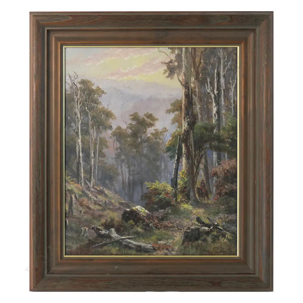 James Waltham Curtis (Australia c1839-1901) untitled, Australian high-country bushman on horseback, oil on board, signed, dated '92. 300 x 250mm. Private Waikato family collection. Image 1++