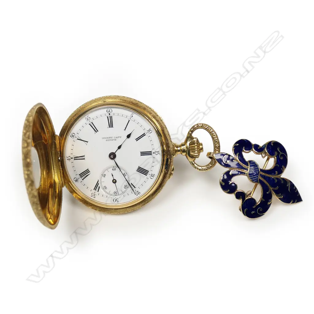 A quality 18ct yellow gold mid-size half hunter pocket watch by Henry Capt, Image 1++