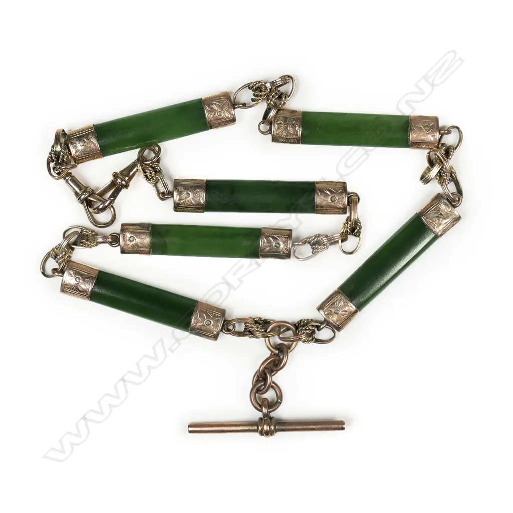 A colonial 9ct rose gold and pounamu fob chain, Image 1++