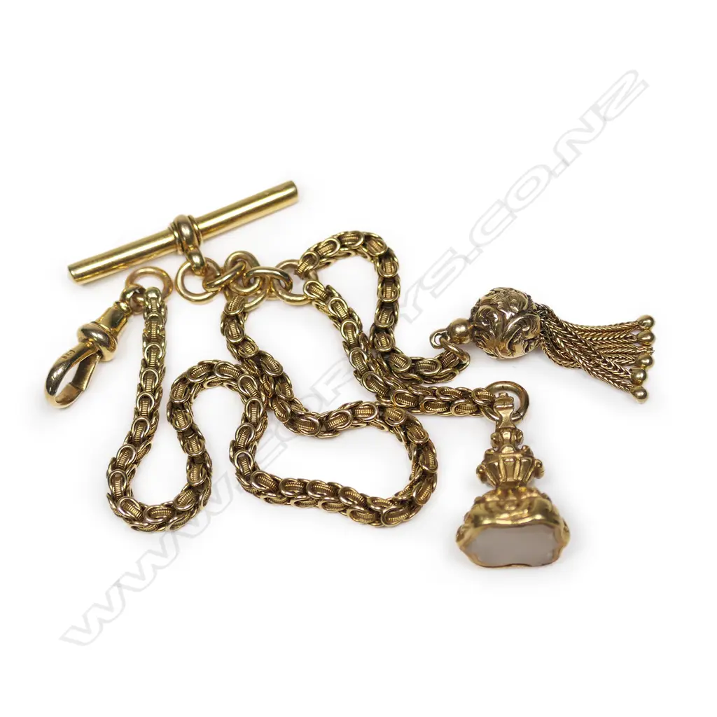 A 15ct yellow gold Albertina with tassel and seal, Image 1++