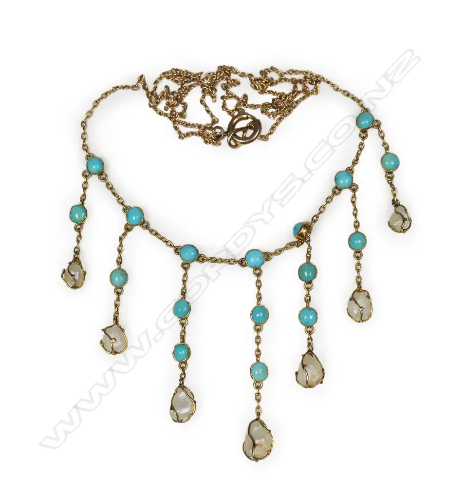 An Edwardian 9ct gold turquoise and baroque pearl necklace, Image 1++
