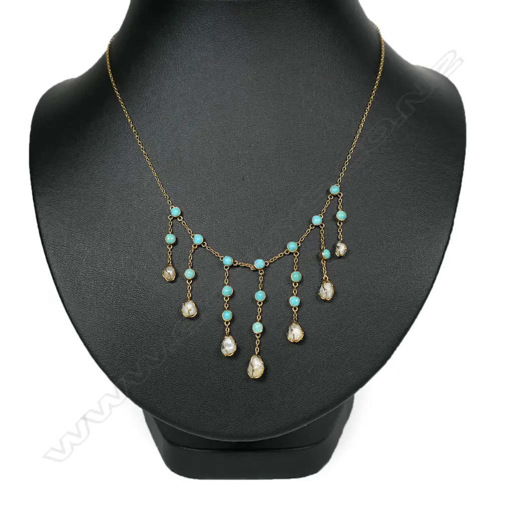 An Edwardian 9ct gold turquoise and baroque pearl necklace, Image 1++