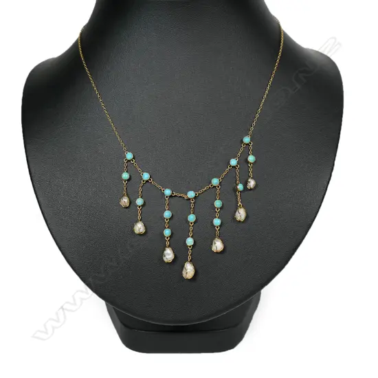 An Edwardian 9ct gold turquoise and baroque pearl necklace,
