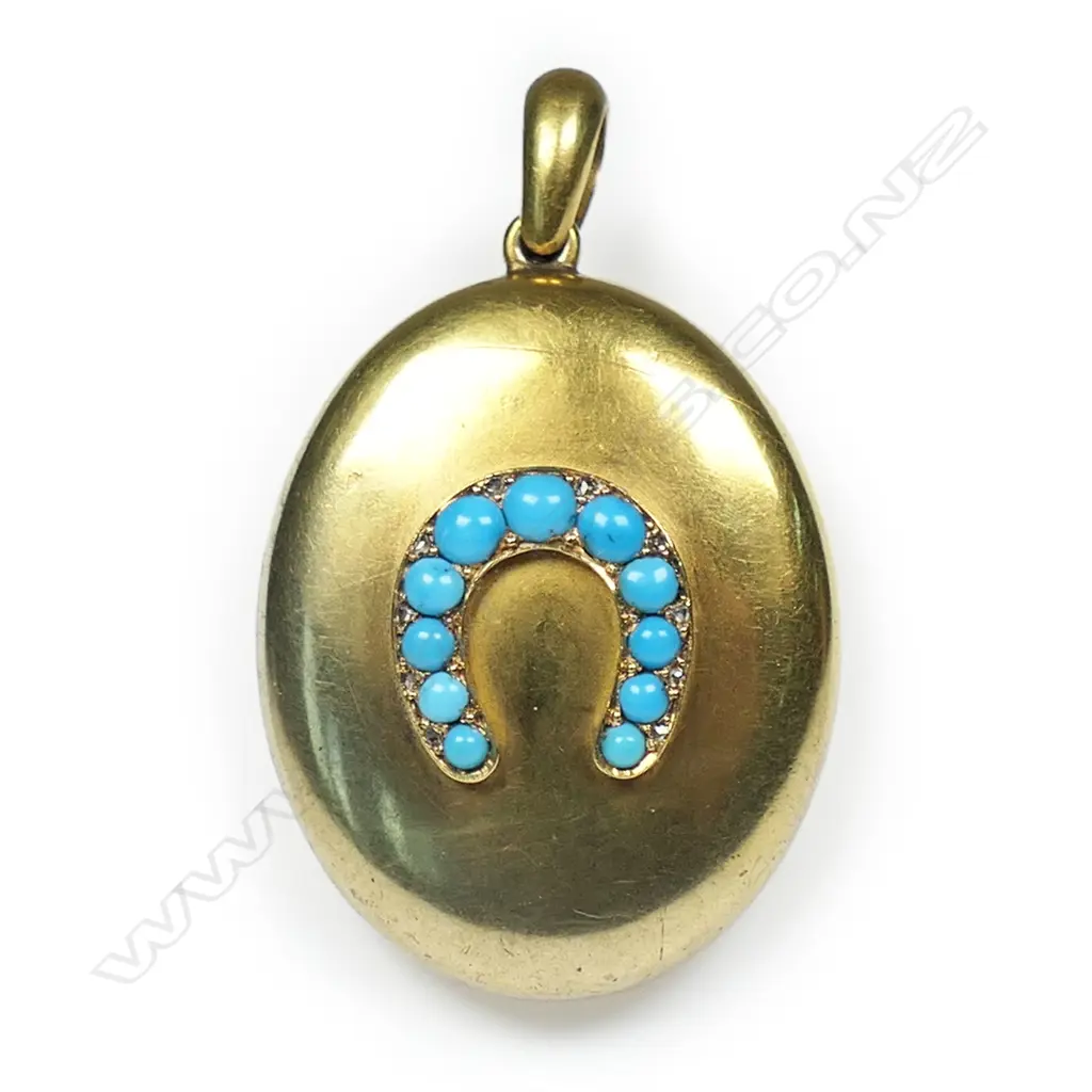 A Victorian gold (testing as 14ct) turquoise and diamond set pendant locket, Image 1++
