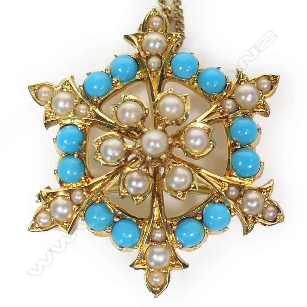 A 15ct yellow gold turquoise and pearl pendant on 15ct yellow gold chain, Image 1++