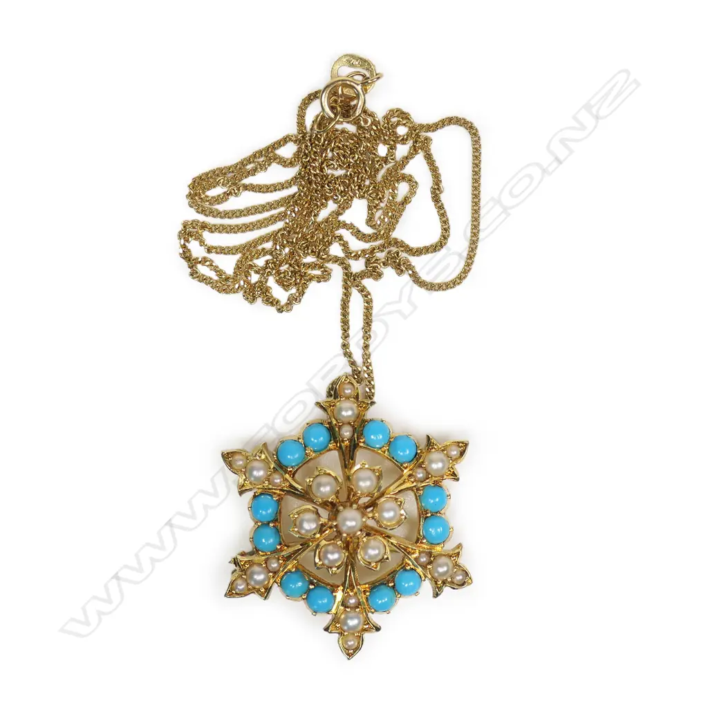 A 15ct yellow gold turquoise and pearl pendant on 15ct yellow gold chain, Image 1++