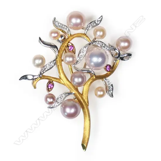 An 18ct white and yellow gold pearl and diamond brooch,