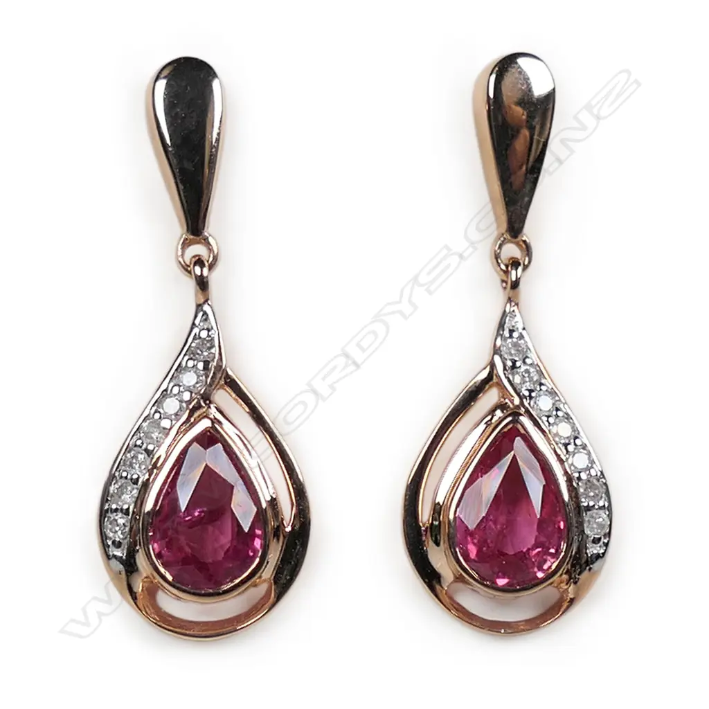 A pair of 14ct rose gold pink sapphire and diamond vintage style drop earrings, Image 1++