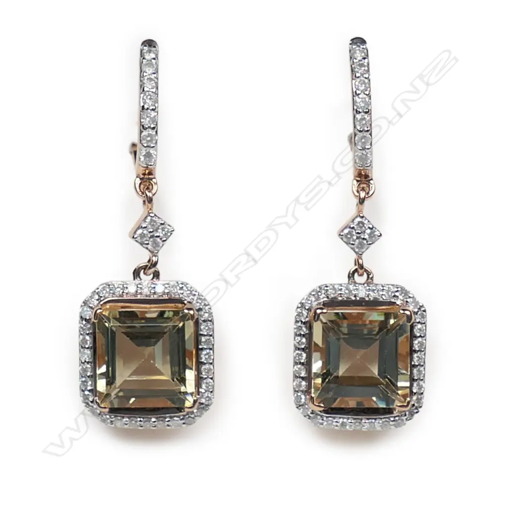A pair of 14ct rose gold heliodor and diamond halo drop earrings, Image 1++