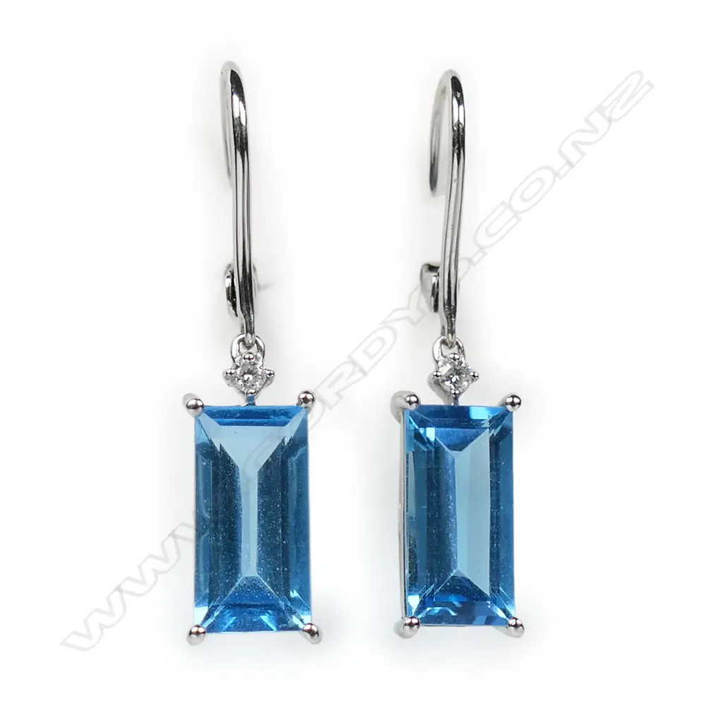 A pair of 18ct white gold, blue topaz and diamond earrings, Image 1++