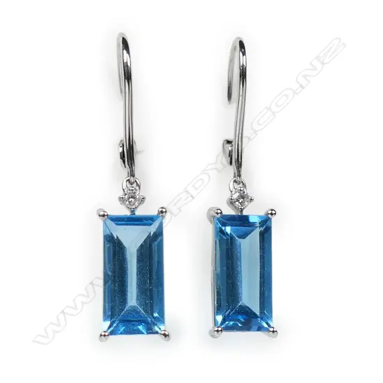 A pair of 18ct white gold, blue topaz and diamond earrings,