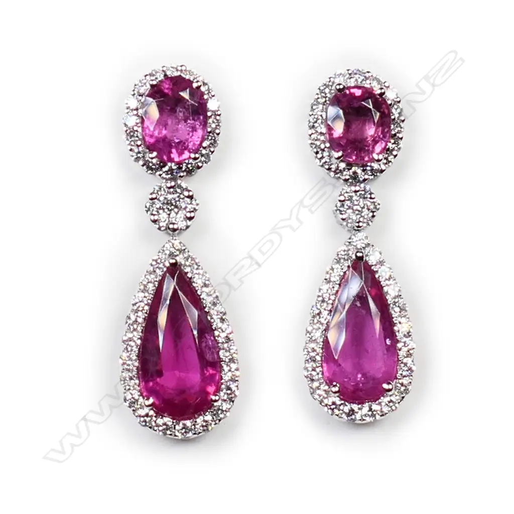 A pair of 18ct white gold pink tourmaline and diamond drop earrings, Image 1++