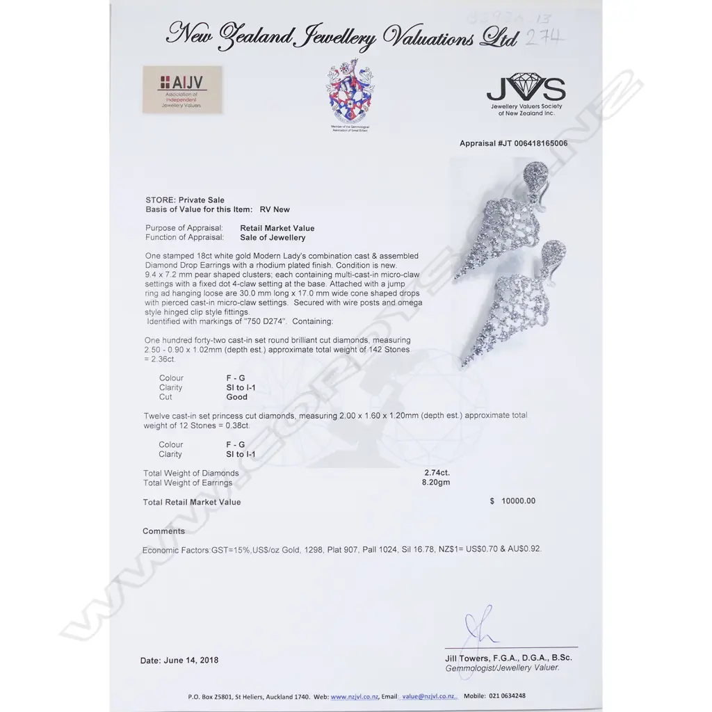 A pair of 18ct white gold and diamond drop earrings, Image 1++
