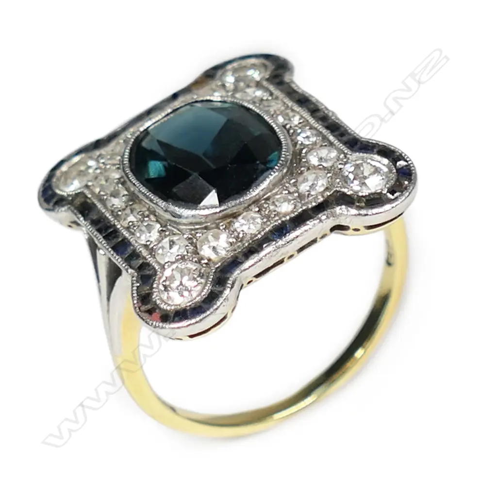 An 18ct gold and platinum Art Deco sapphire and diamond dress ring, Image 1++