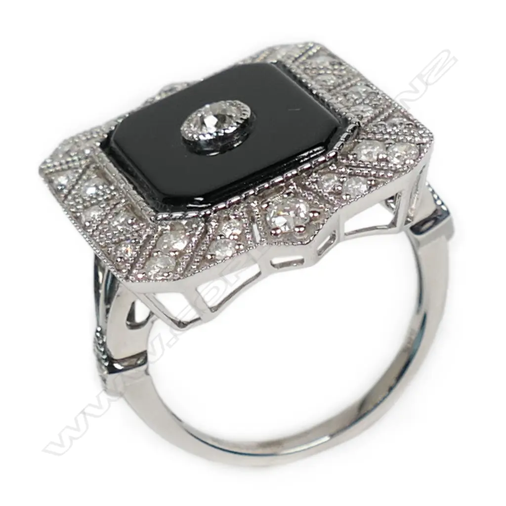 A 14ct white gold onyx and diamond Art Deco style ring, Image 1++
